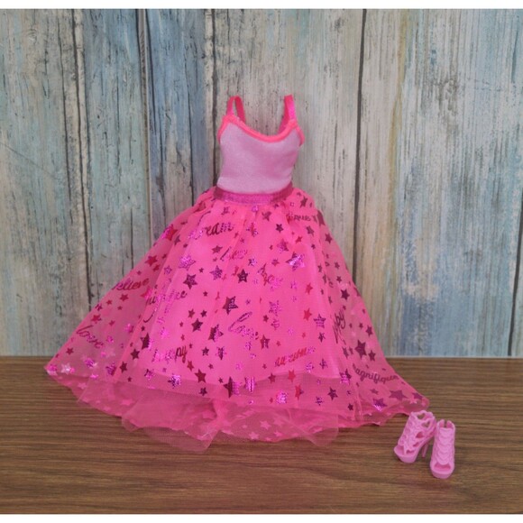 Fashion Doll Pink Star Dress & Heart Heels Fits Barbie 11.5" Doll Clothes Lot - Picture 1 of 9